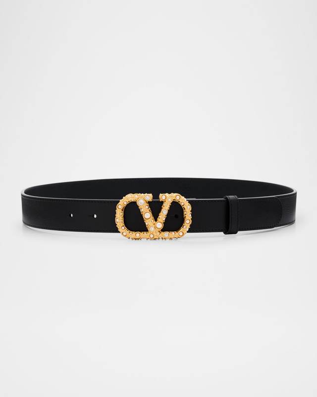 VLogo Signature Rhinestone & Faux Pearl Leather Belt